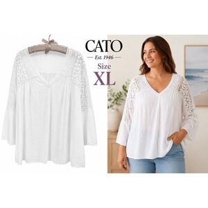 Cato Est.1946 Women's XL White Crochet Lace Boho V Neck Flowy Blouse Top